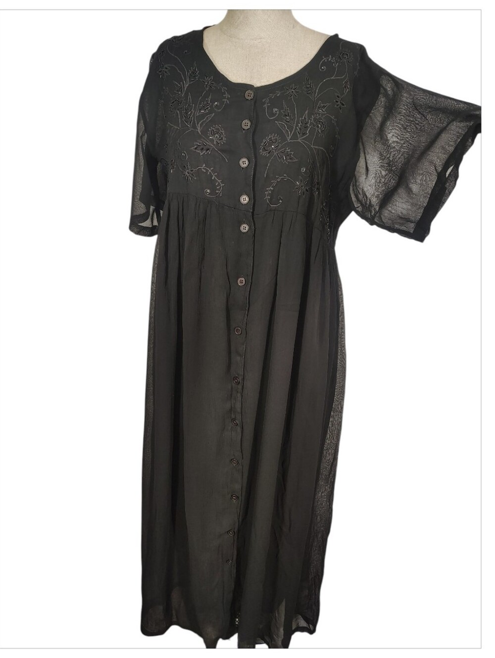 Papillon Bohemian Maxi Dress, Beaded/Embroidered  Black, Sheer, Button Up,12